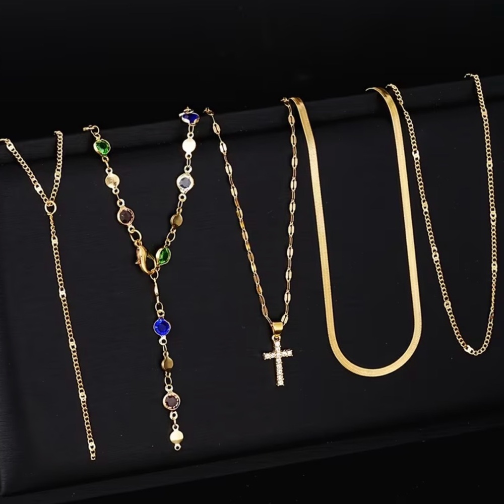 5 pc Set Gold Multi-Color Gem Layered Necklace - Picture 2 of 5